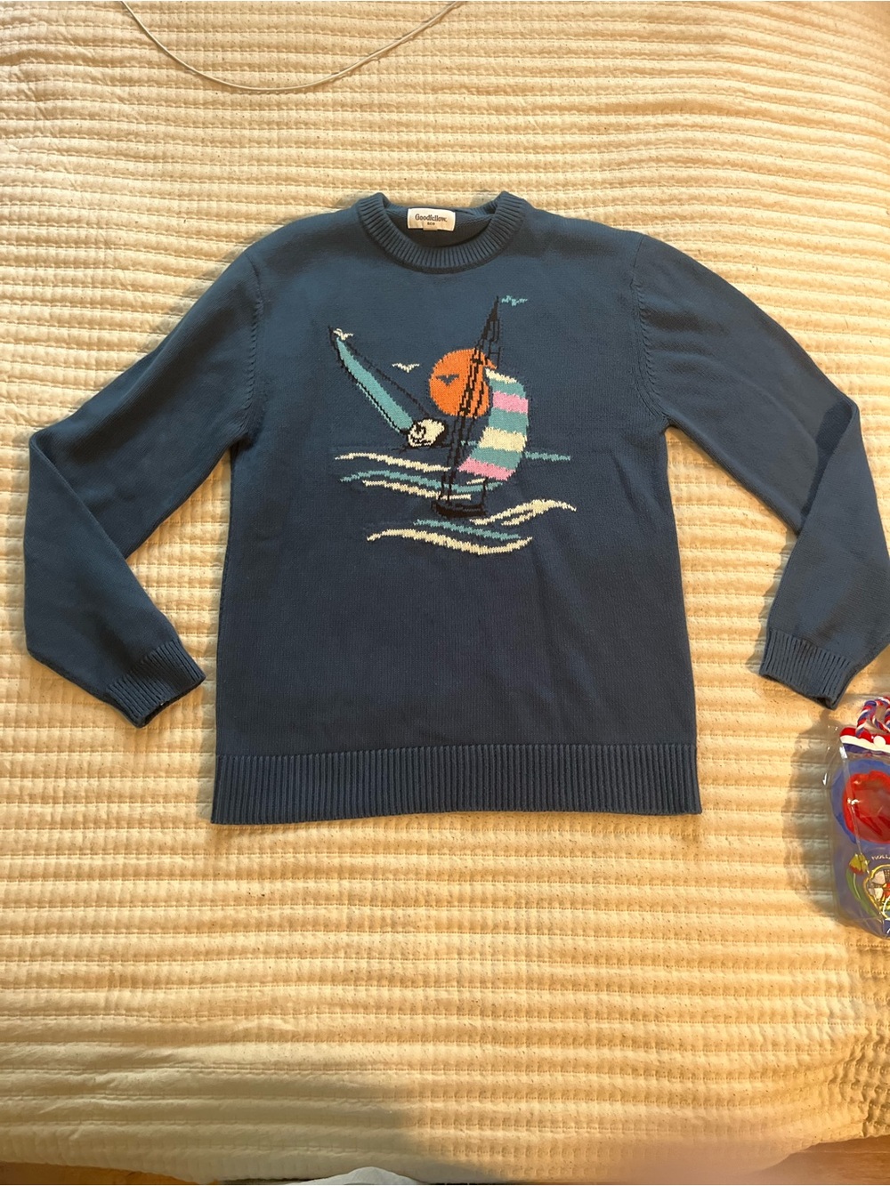 Blue Crewneck Sweater with Sailboat Graphic